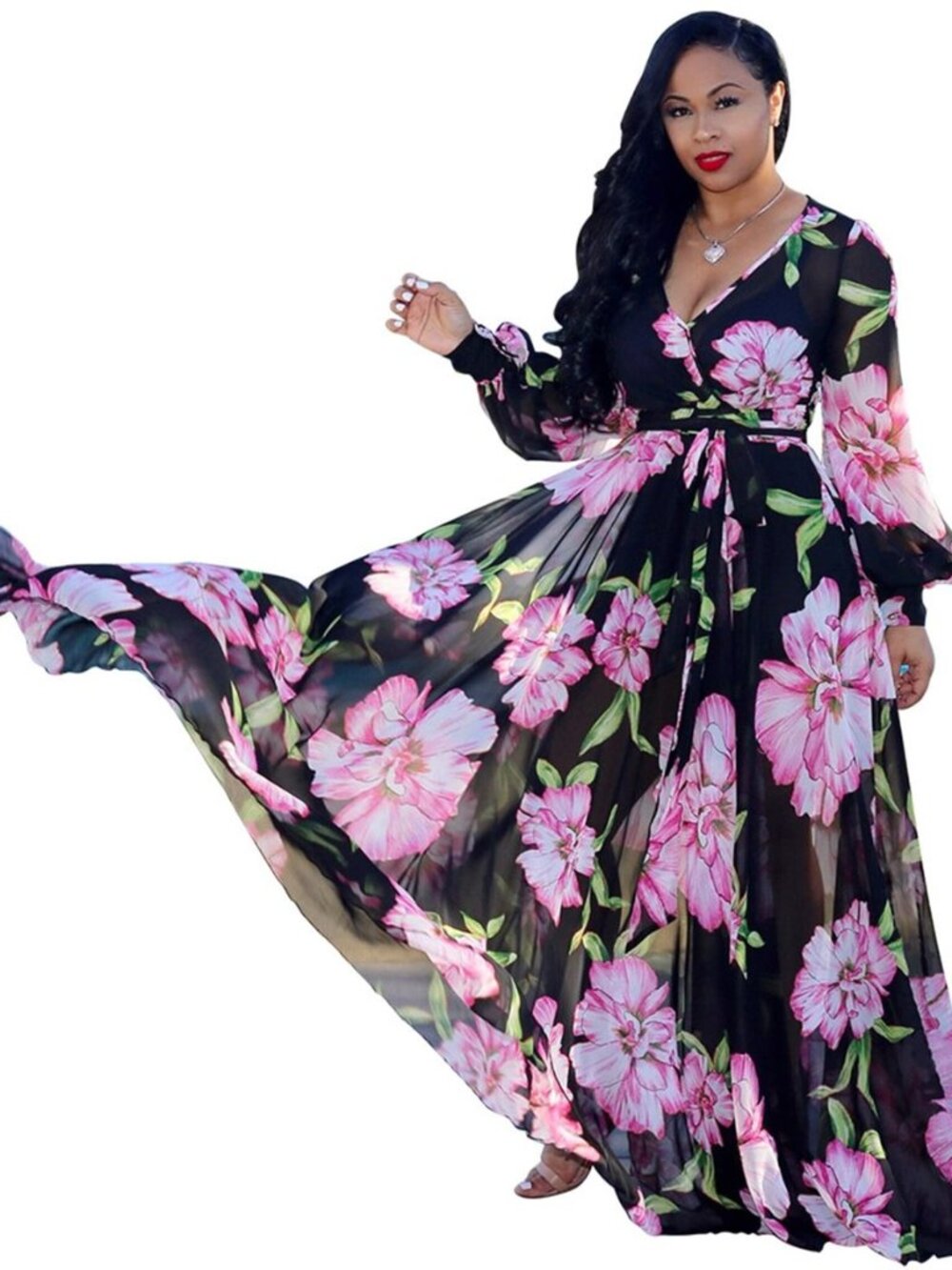Womens Chiffon Deep V-Neck Maxi Dress Summer Boho Dresses(S-5XL)
